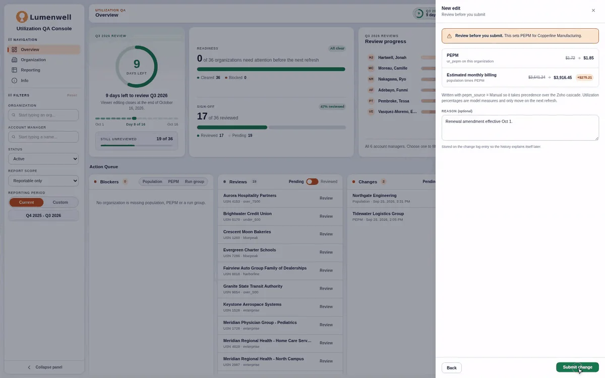An edit panel showing a value’s before and after, with the estimated billing impact and a reason field